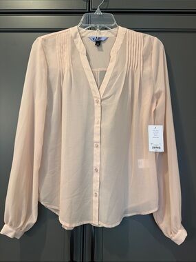 Pale Pink /Blush Pleated-Shoulder Button Front Blouse